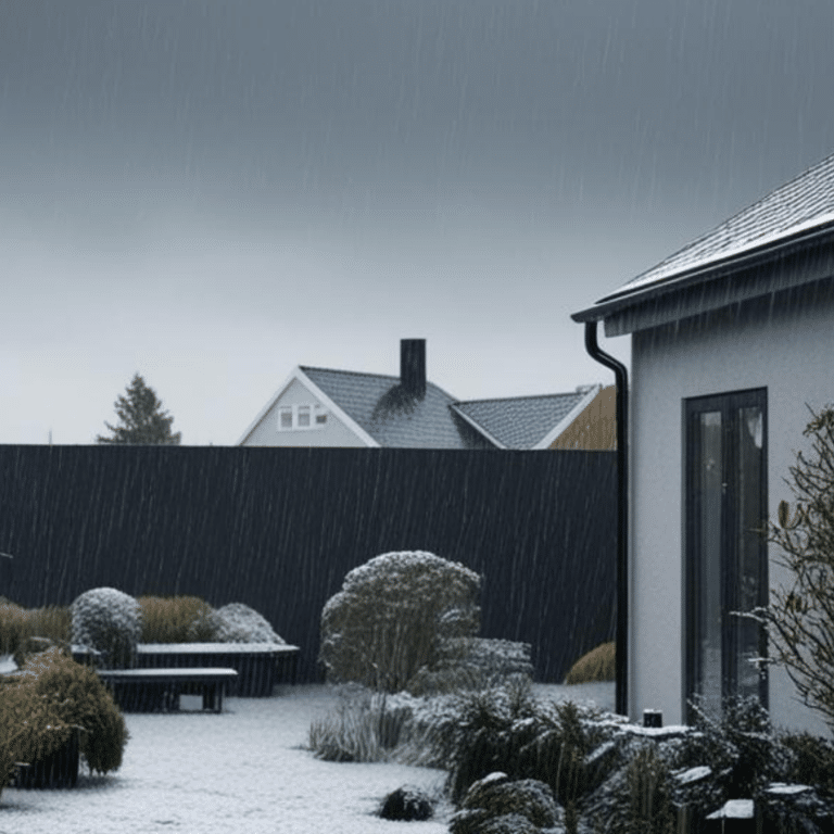 Hus og have dækket af sne på en regnfuld vinterdag